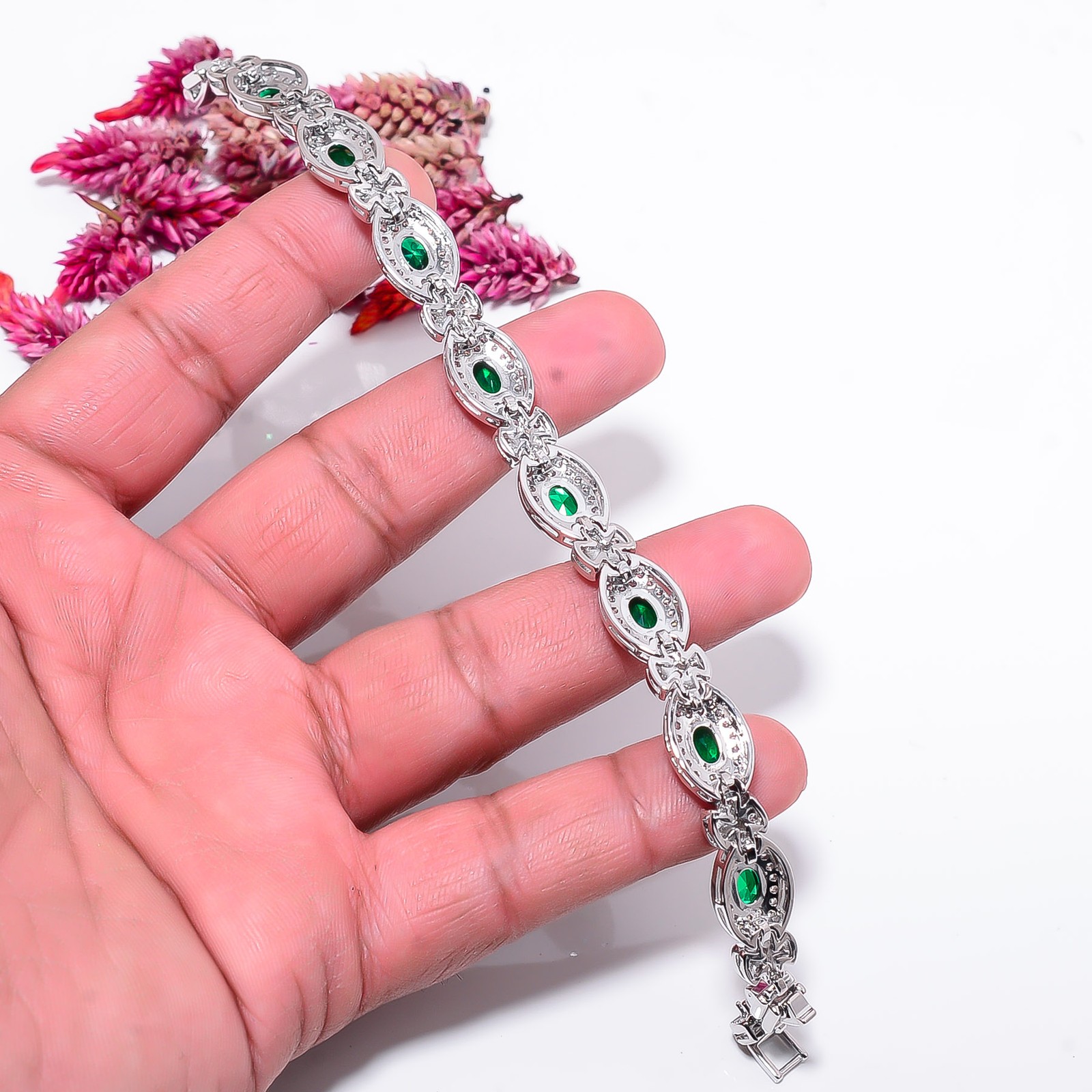 Chrome Diopside, CZ 925 Sterling Silver Adjustable Bracelet 7-8″ B140618