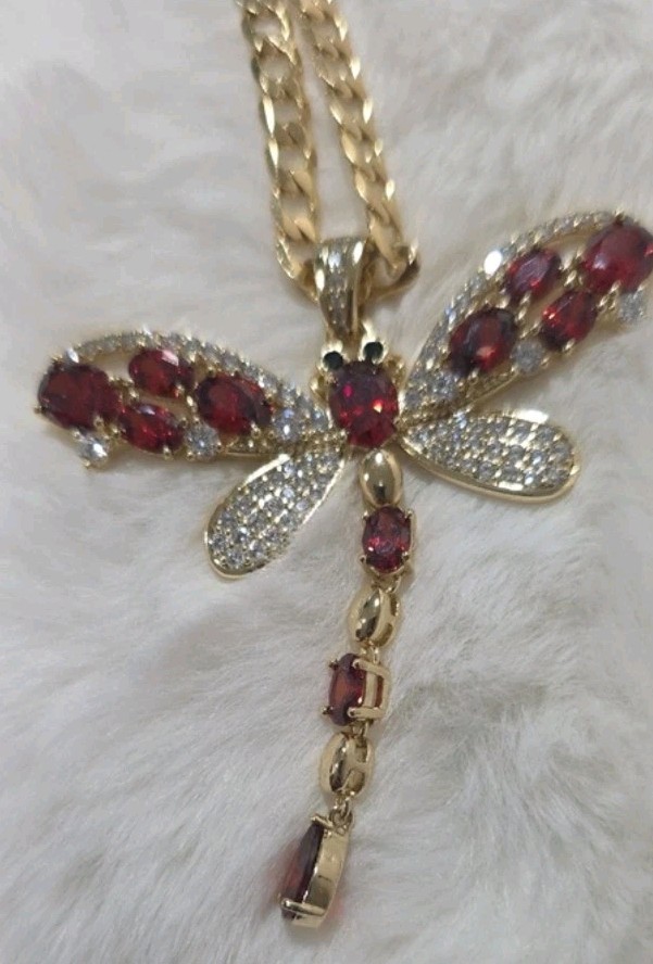 14k Gold Plated 20″ Cuban Link Chain Necklace w/ Dragonfly Red Crystal Pendant
