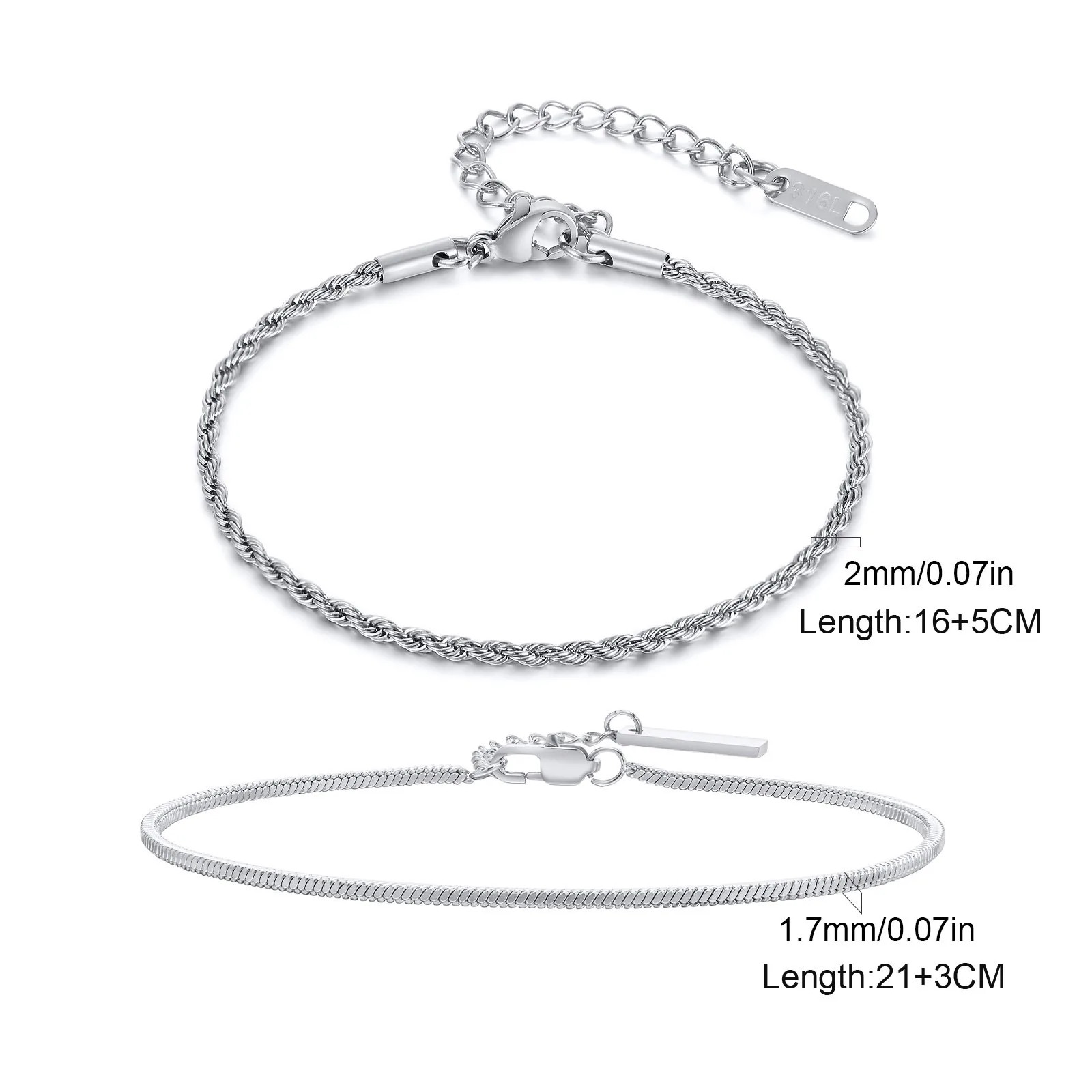 Stainless Steel Bracelet Twisted Rope Chain Thin Adjustable Men Jewelry 2PCS