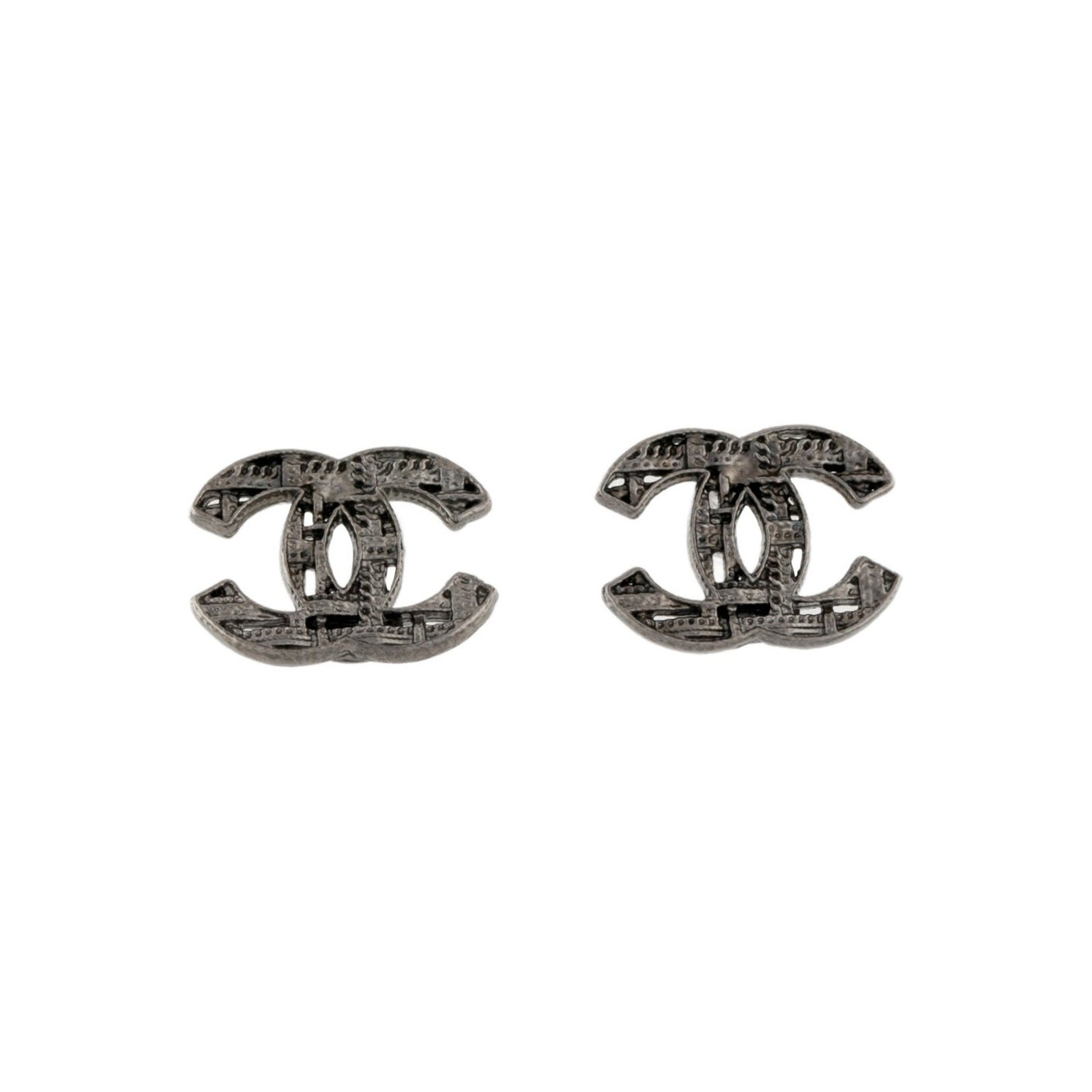 Chanel Silver-tone Interlocking CC Tweed Stud Earrings