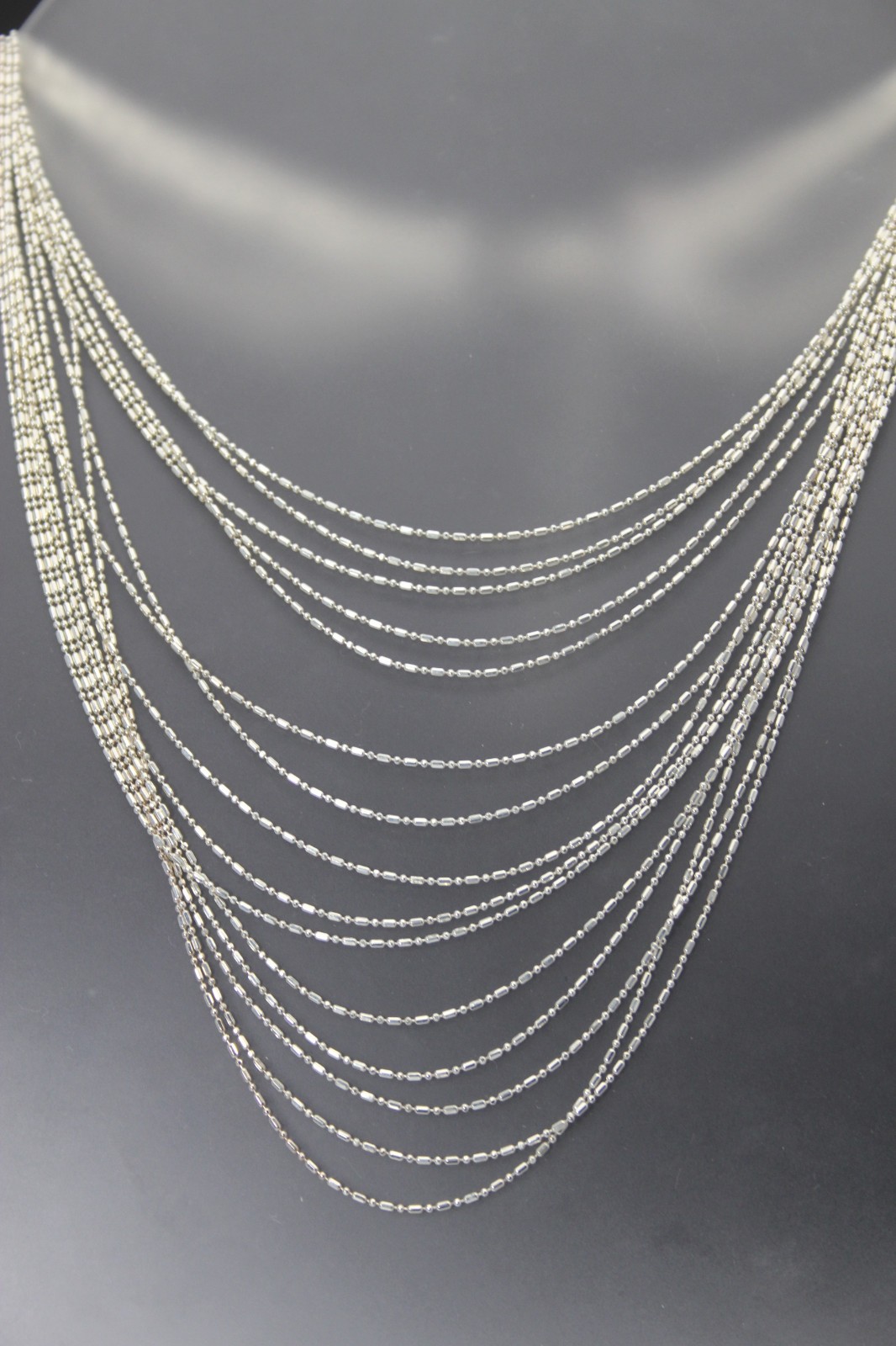 Sterling Silver 925 Italy Ball & Bar 15 Strand Necklace 21.7g 16″(NEC5988)