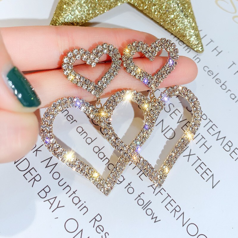 White Gold Open Hearts Post Earrings Crystal Pave Rhinestones 2 1/2″