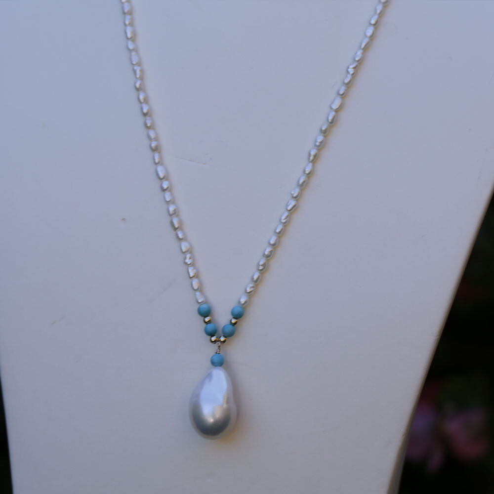DL84 46cm Elegant White Freshwater pearl necklace 13.8×20.3mm pendant Turquoise