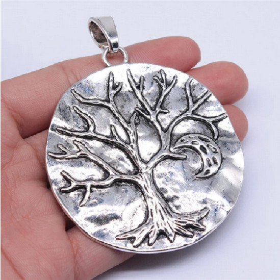 large HAMMERED TREE LIFE MOON Pendant 925 Sterling Silver 24″ Necklace Women Men