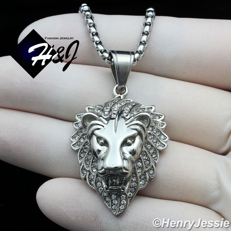 18″-40″MEN Stainless Steel Black/Gold Plated 3mm Box Chain CZ Lion Pendant*P134