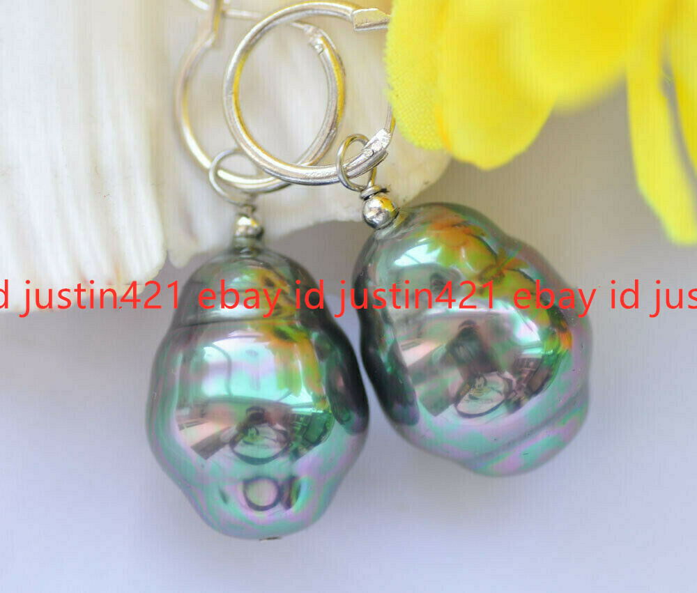 20mm Baroque Peacock-Black Shell Pearl Dangle Earring 925Silver