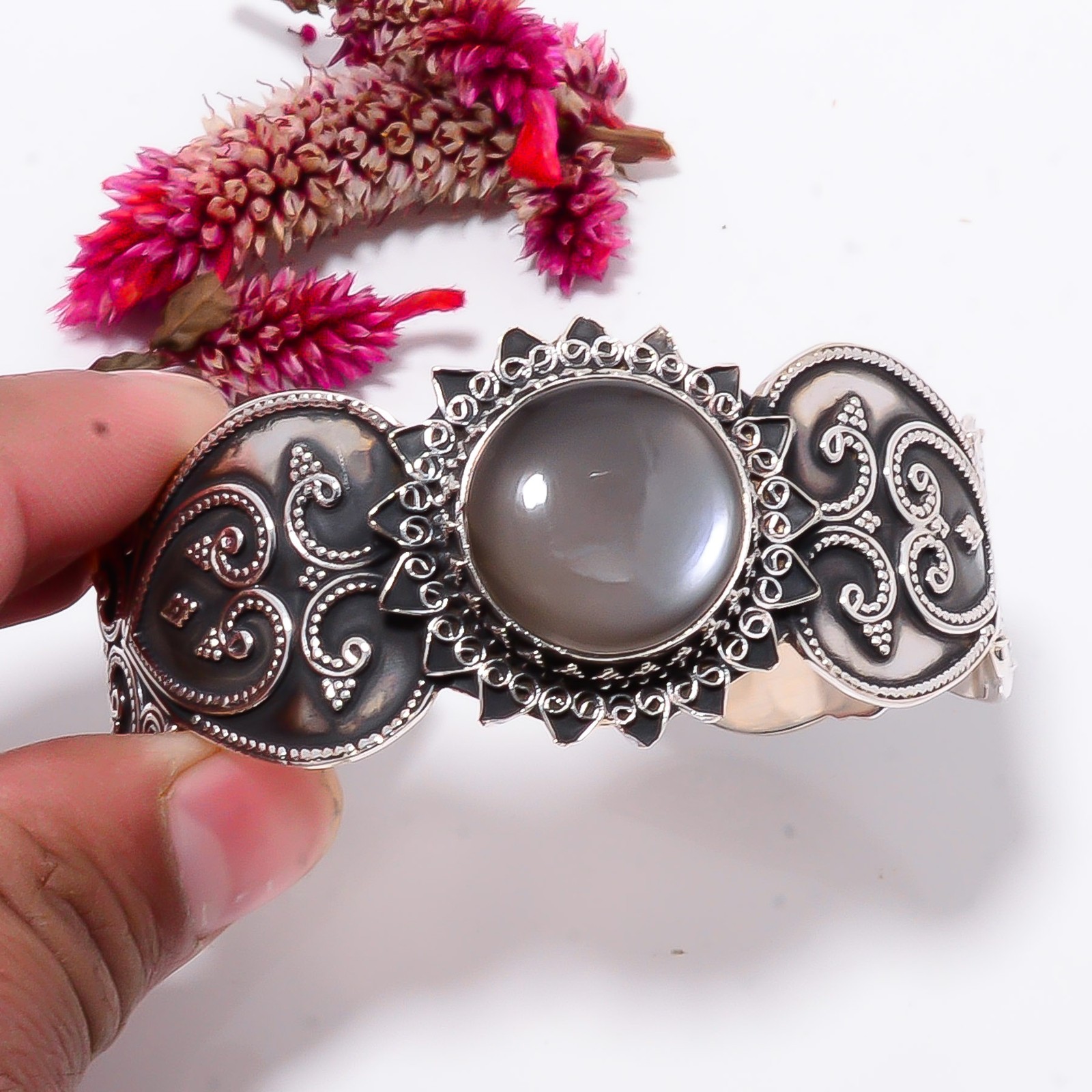 Gray Moonstone – Sri Lanka 925 Sterling Silver Bali Cuff|C968358552