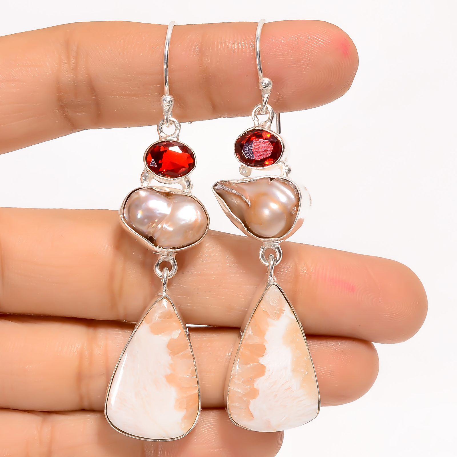 Natural Pink Scolecite Pearl Gemstone 925 Silver Handmade Earrings 2.6″ ARE-3972