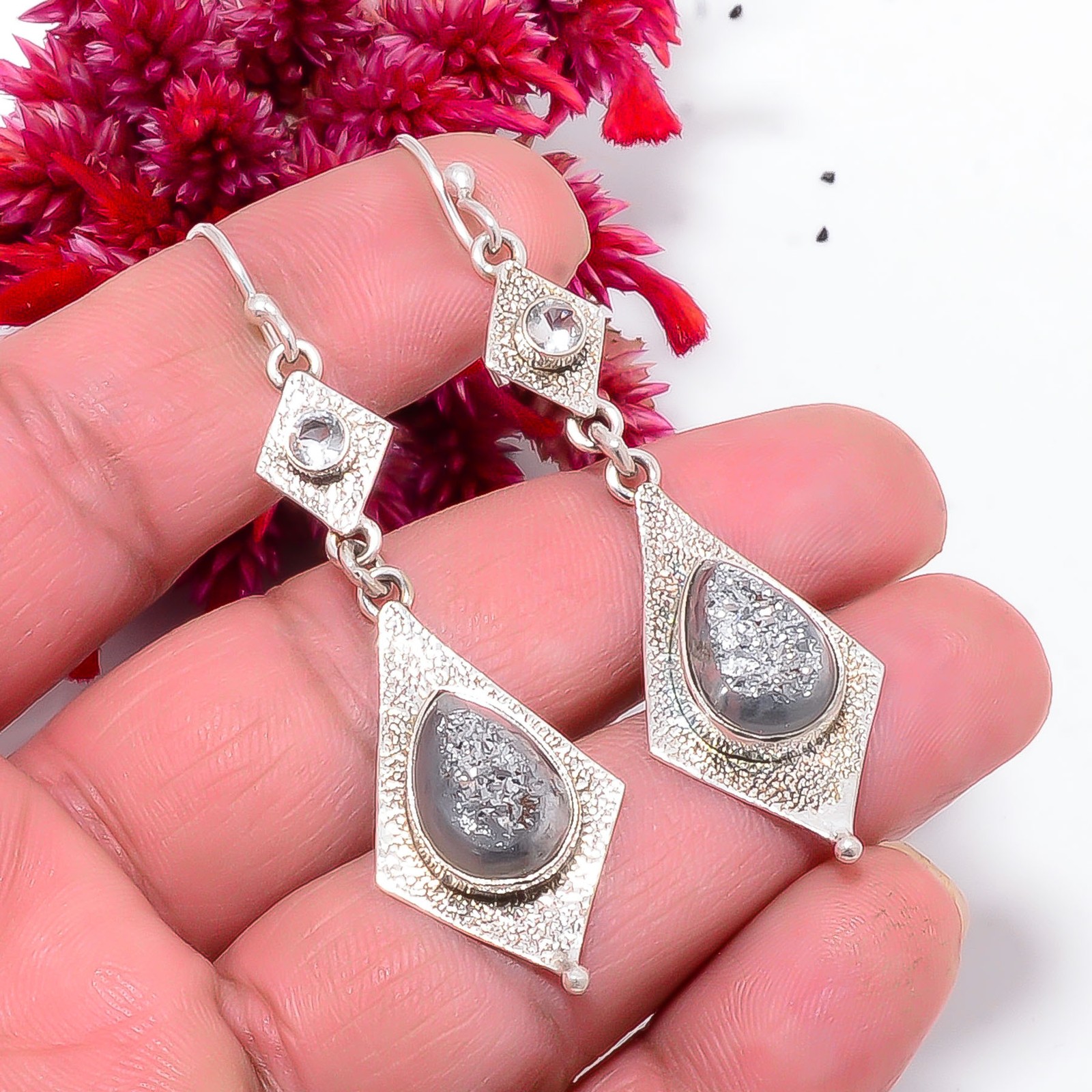 Silver Titanium Agate Drusy & White Topaz 925 Sterling Silver Earring 2.50″ Sk53
