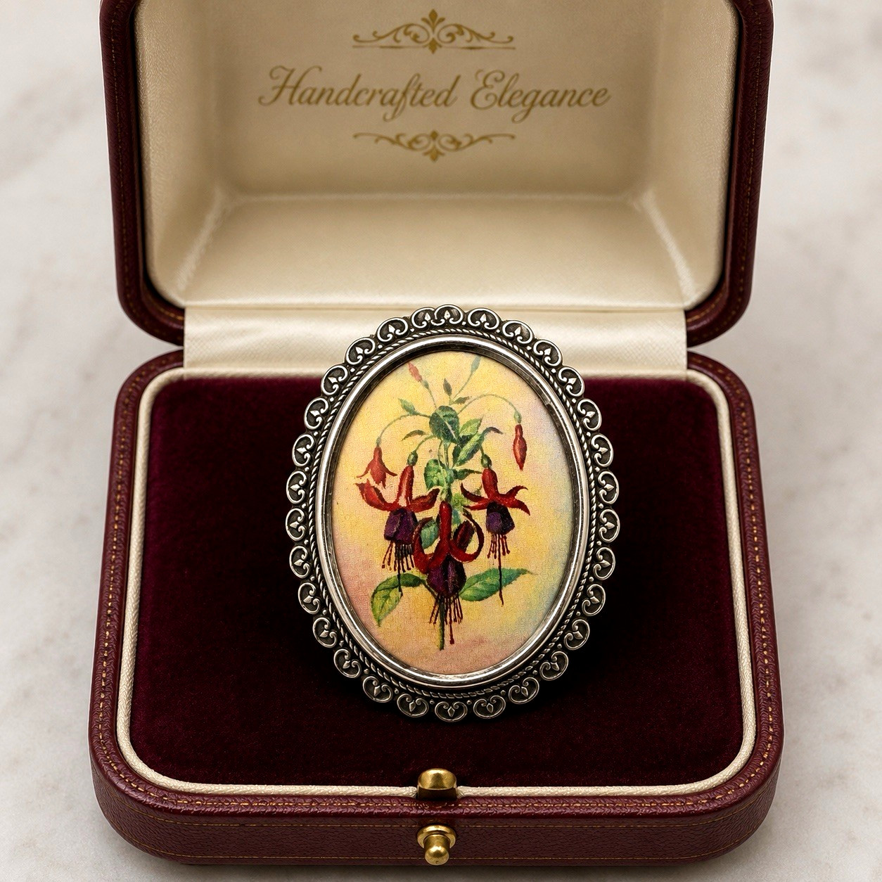 THOMAS L MOTT Vintage Floral Brooch Purple Fuchsia Ornate Pewter Signed TLM