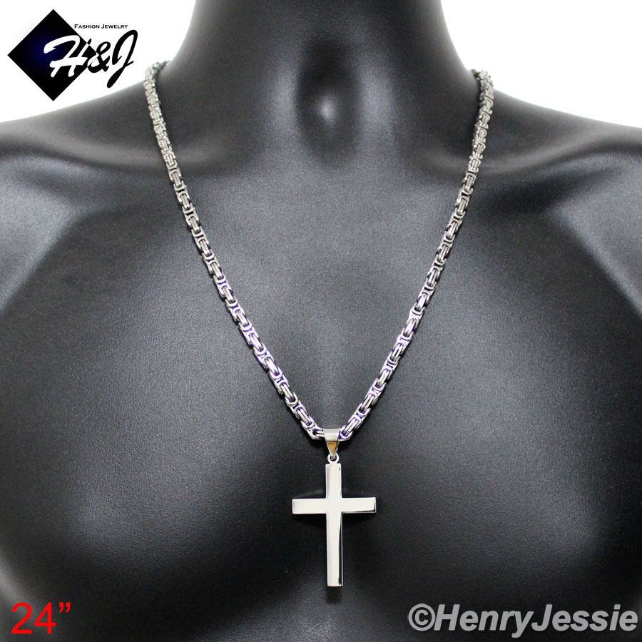 18-40″MEN Stainless Steel 6mm Silver Byzantine Box Chain Plain Cross Pendant*P64