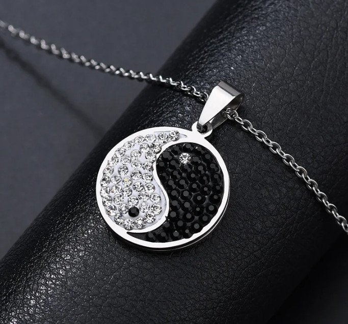 New Ying and Yang Yin Rhinestones Necklace Pendant Stainless Steel CZ