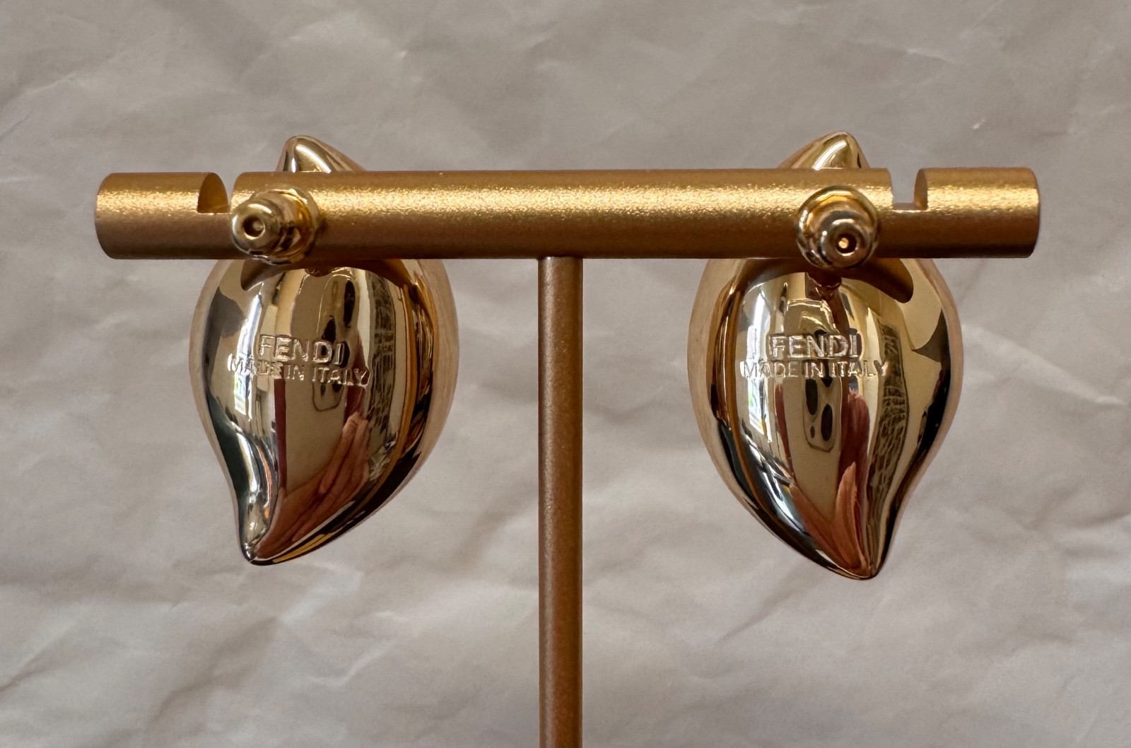 Fendi Gold Tone Sculptural Clip-On Earrings # 553