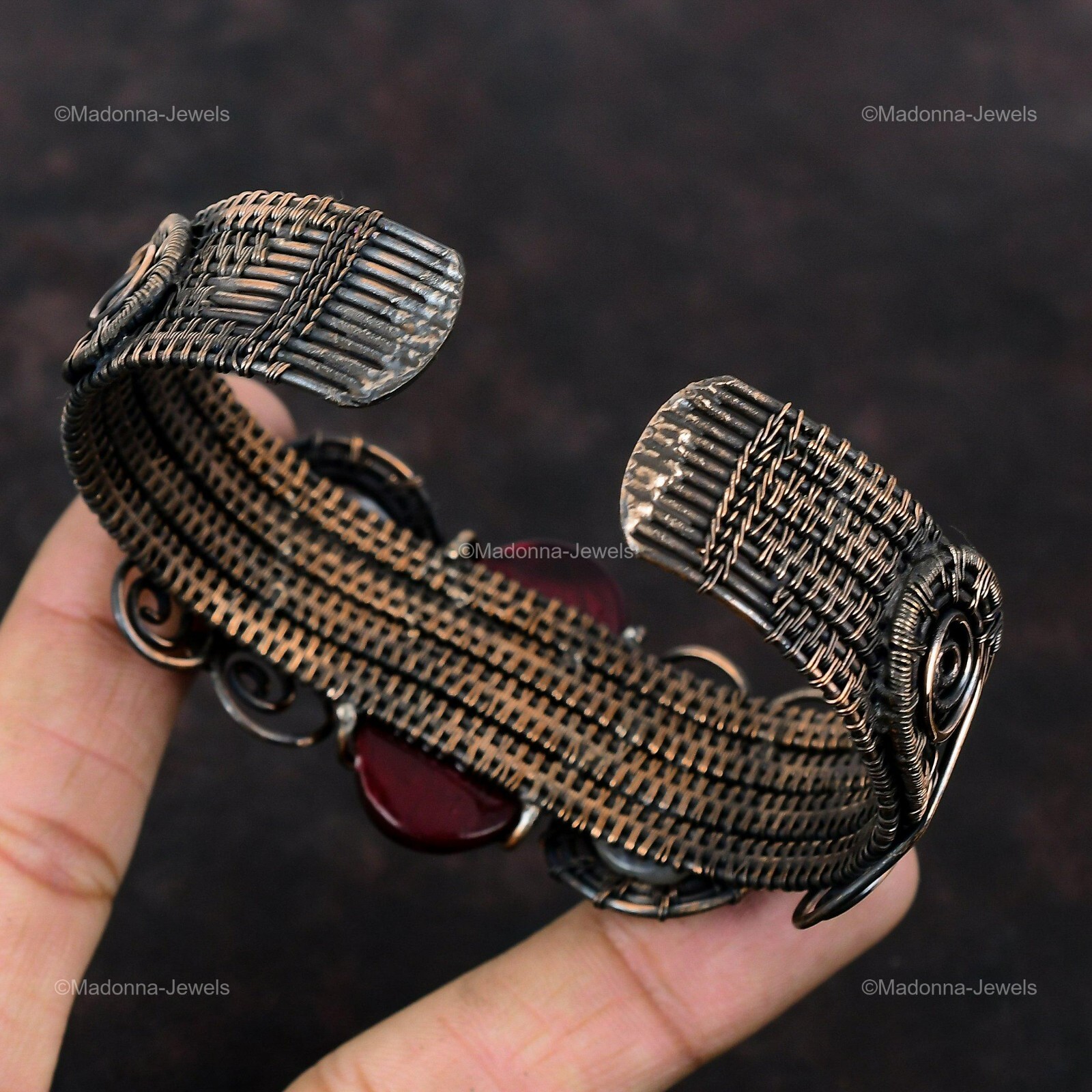 Red Fire Labradorite Copper Bestie Gift Wire Wrapped Cuff Adjustable Bangle