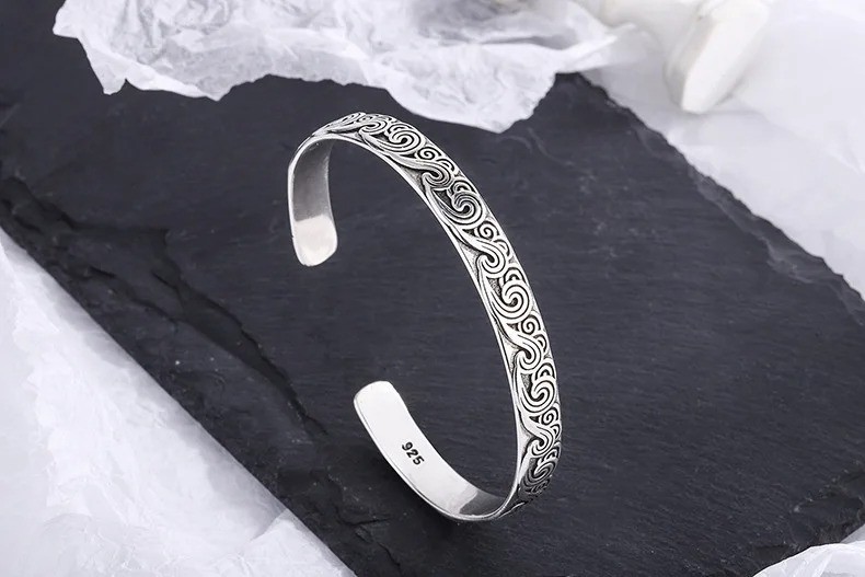 925 Sterling Silver Wave Bracelet Retro Adjustable Bangle Women Jewelry Gift