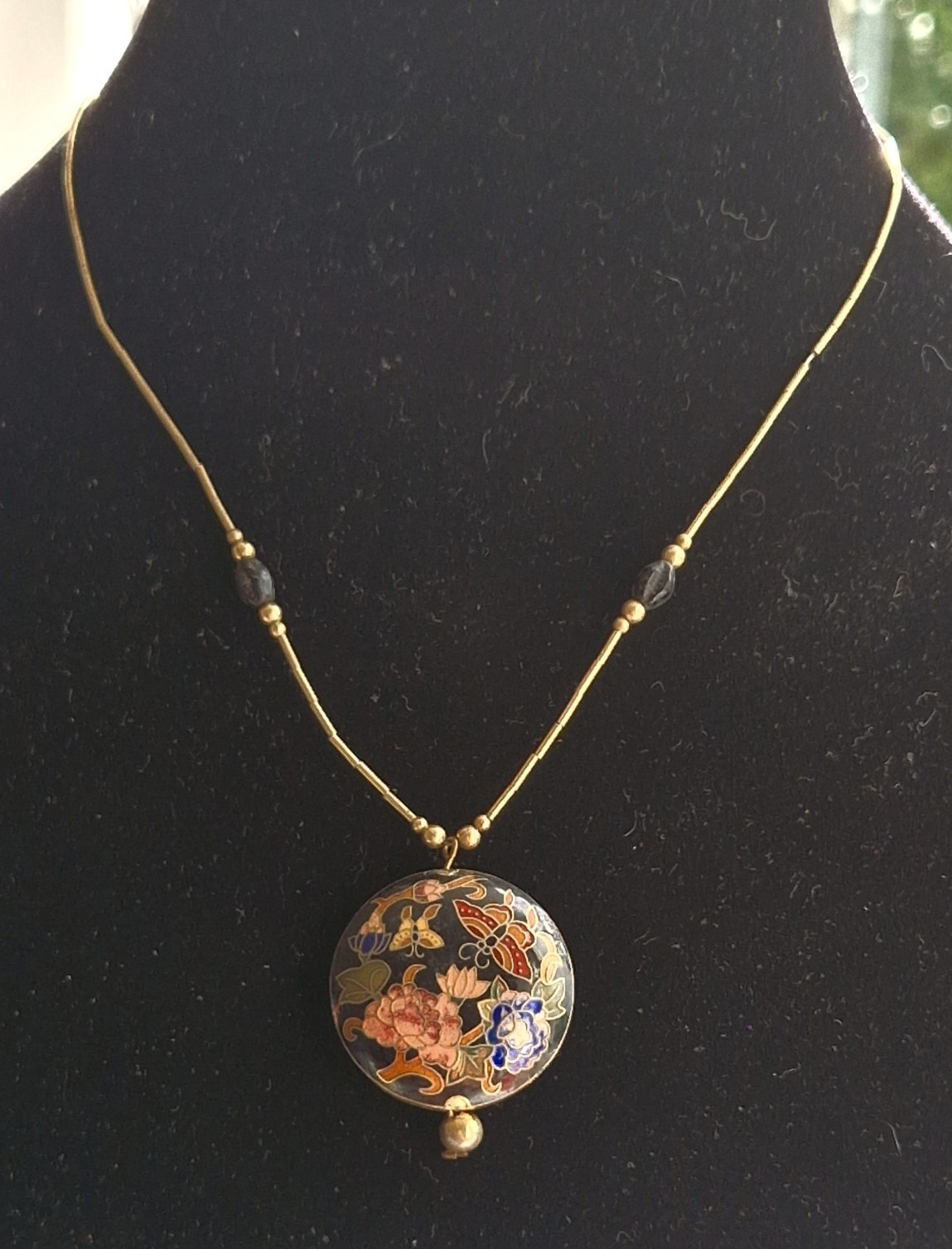 Vintage Gold-Tone Cloisonné Necklace Round Floral & Butterfly Enamel Pendant