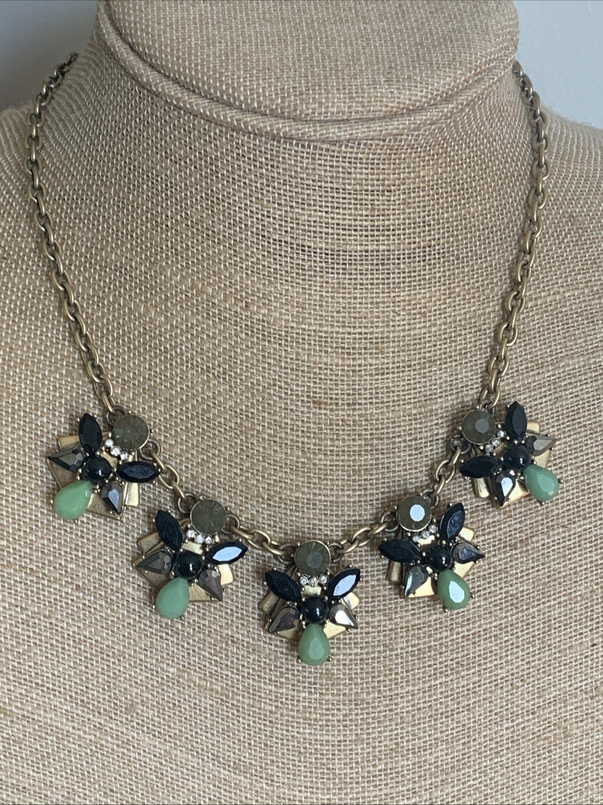 J . Crew Green Black Rhinestone Gold Tone Statement Necklace Length 18-21”
