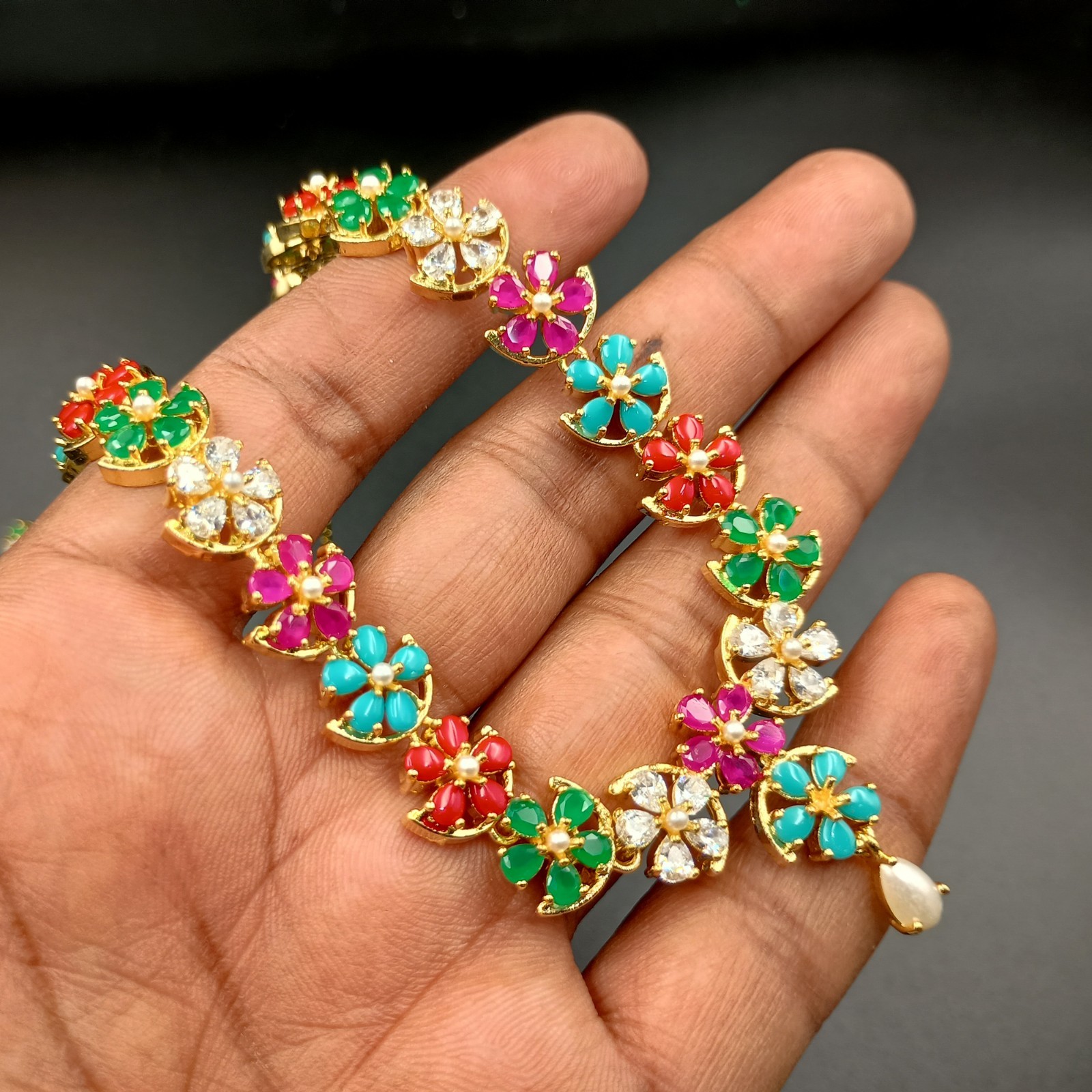 Navratan Multi Gemstone Flower Necklace Set 22K Yellow Gold Plated Bollywood Gif