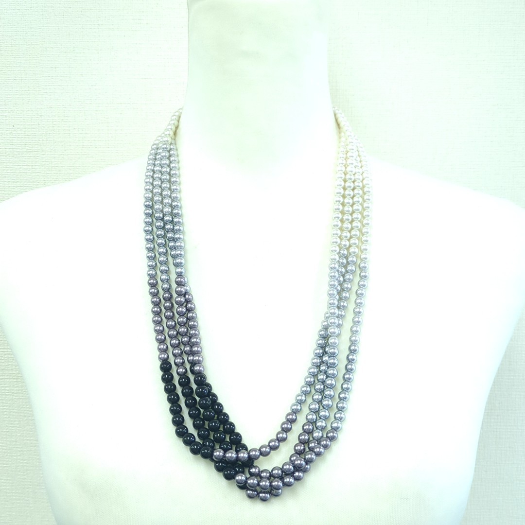 LANVIN COLLECTION Faux Pearl Long Necklace Black Gray Approx. 276cm