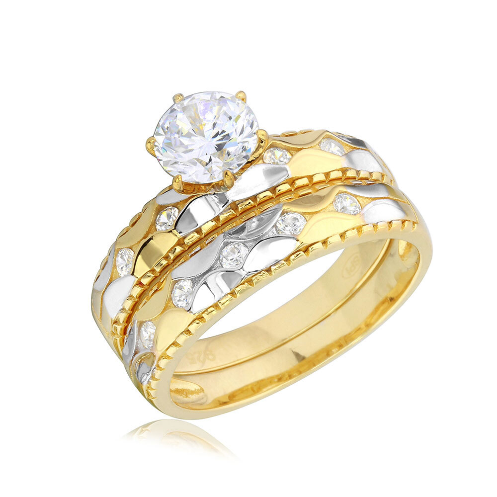 14K YELLOW GOLD OVER SILVER HAMMERED RING SET LAB SIMULATED FLAWLESS DIAMONDS