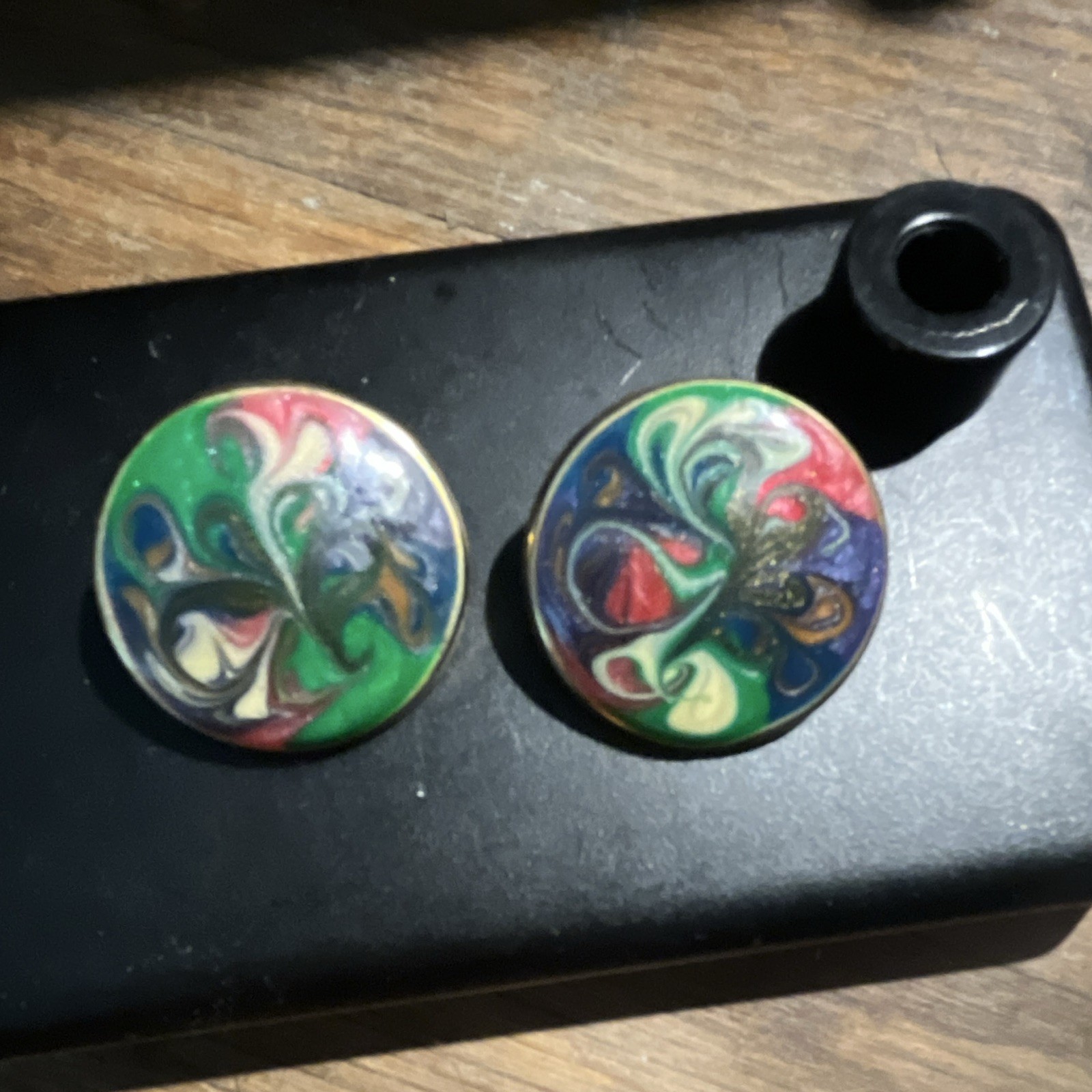 Round Multicolor Swirl Enamel Stud Earrings, Metal, Butterfly Closure Pair