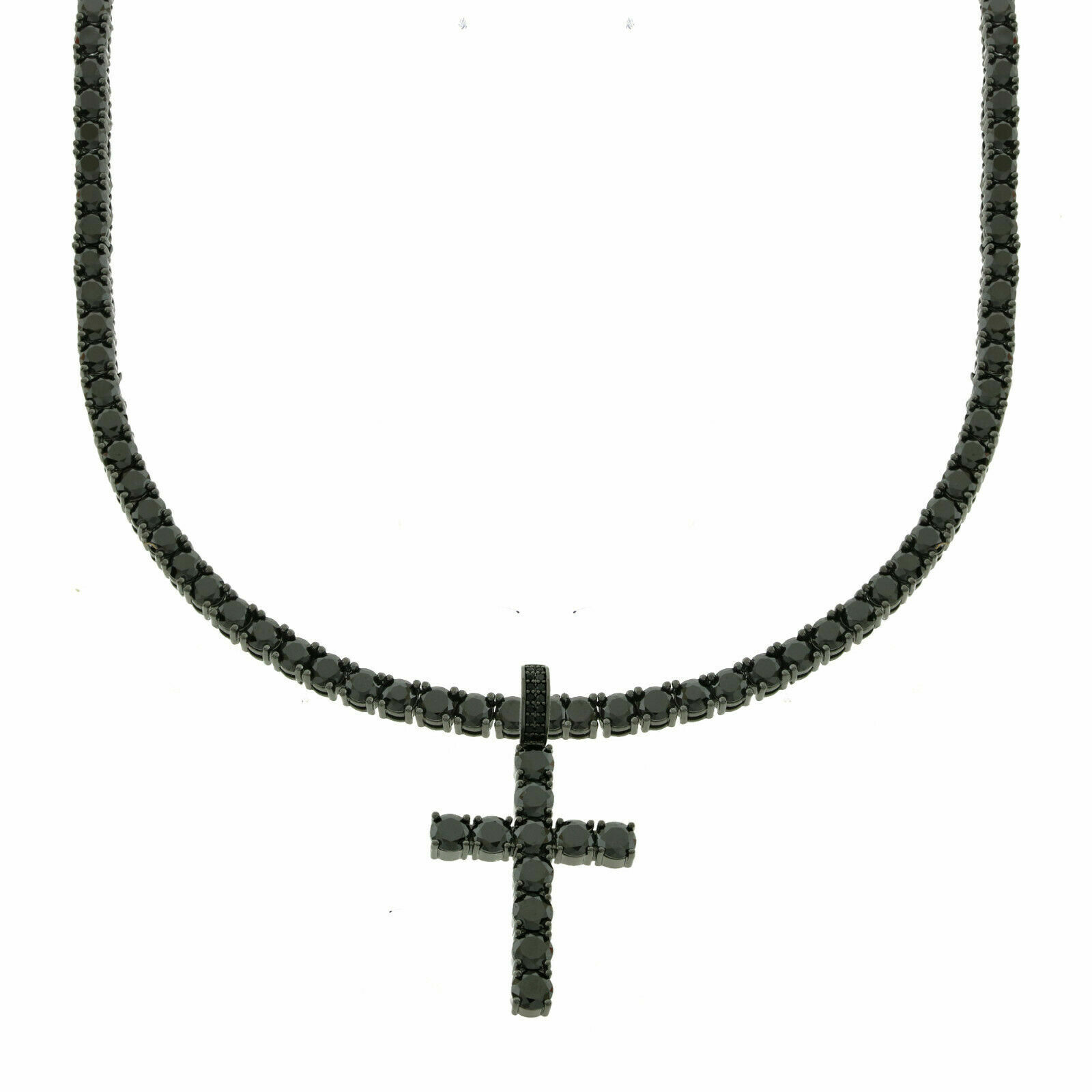 Men Black Finish Bling Cubic Zirconia CZ Cross 4mm Black Tennis 1 Row Necklace