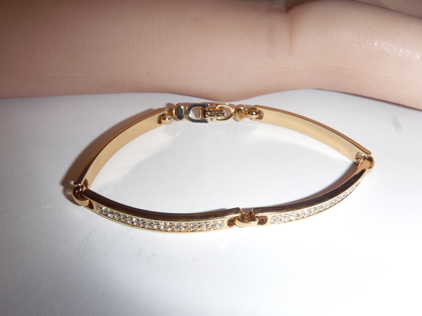Chr. Dior Designer Vintage Bar Link Bracelet Gold Plated 2 Row Pave Crystals 7″