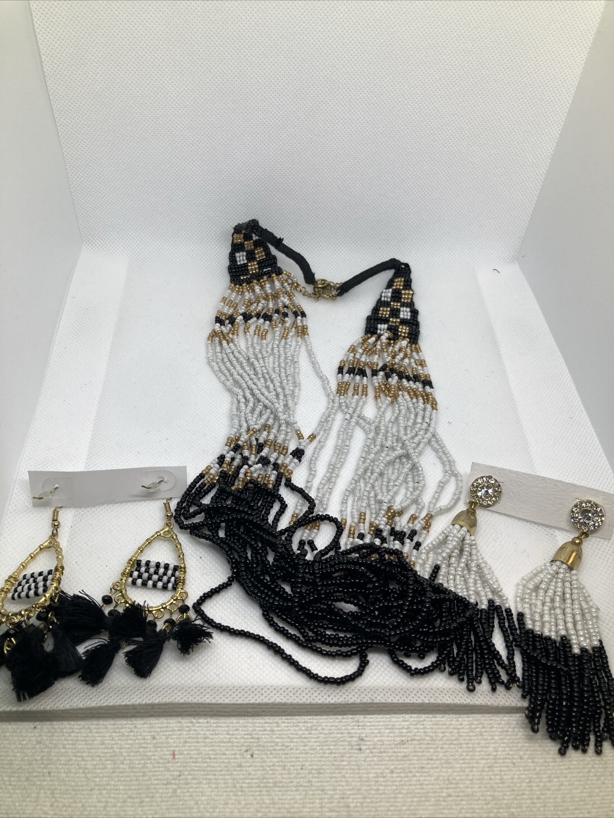 Black White Gold Color Seed Bead Necklace & 2 Pair Matching Earrings