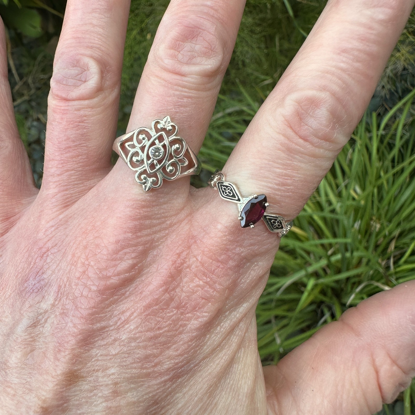 Set of Two Dainty Sterling Silver Rings – Sizes 8 & 9 w Garnet & CZ, 4.9g