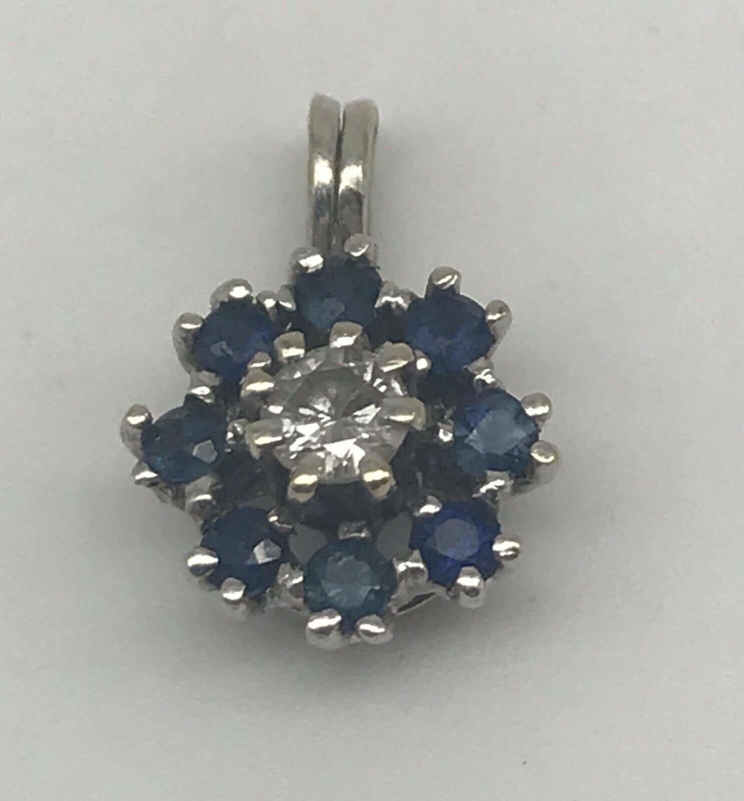 14k White Gold Plated Silver Simulated Diamond & Sapphire Flower Shaped Pendant
