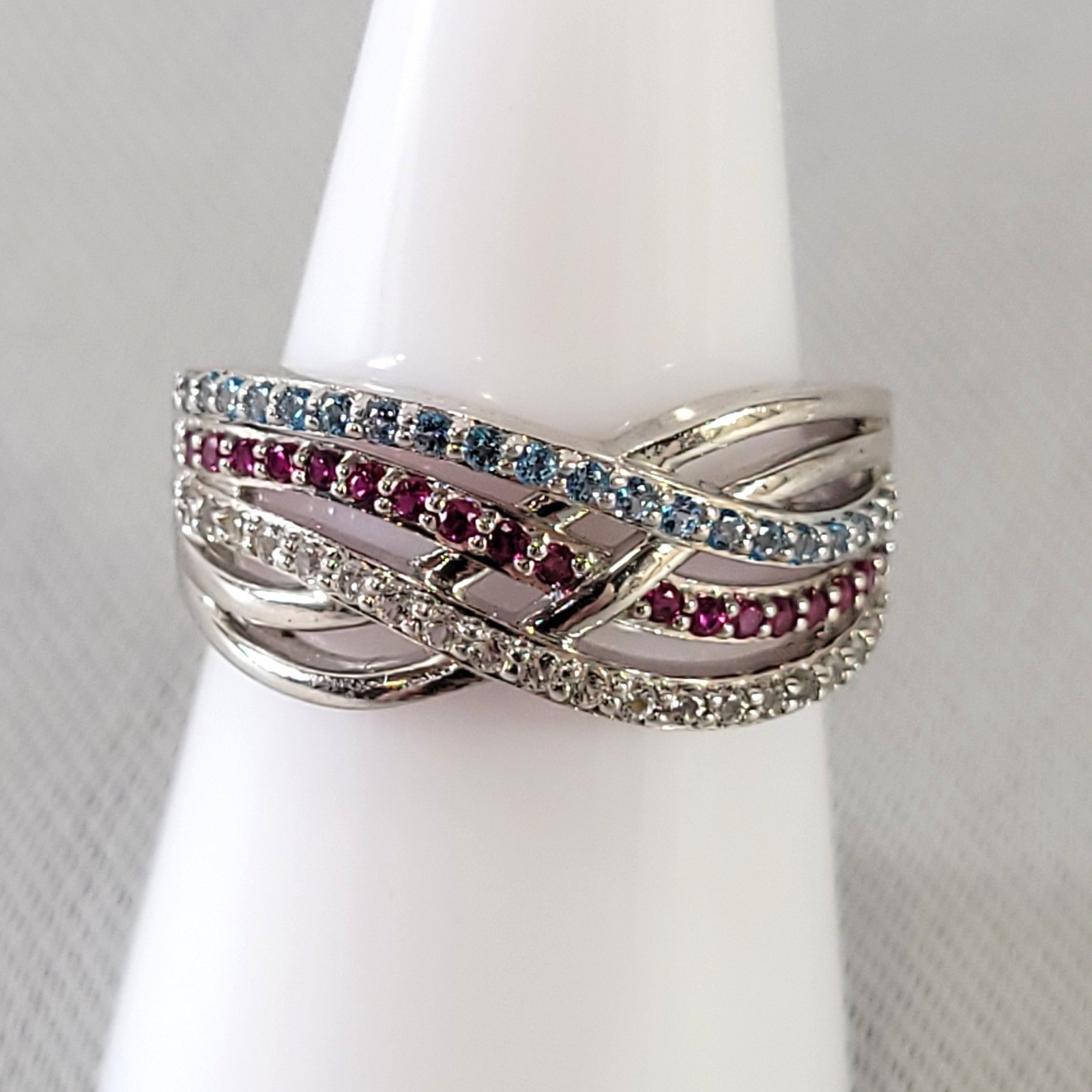 TJ Sterling Silver Ring Multi Row Crossover Red White Blue 4th July 925 Size 7.5