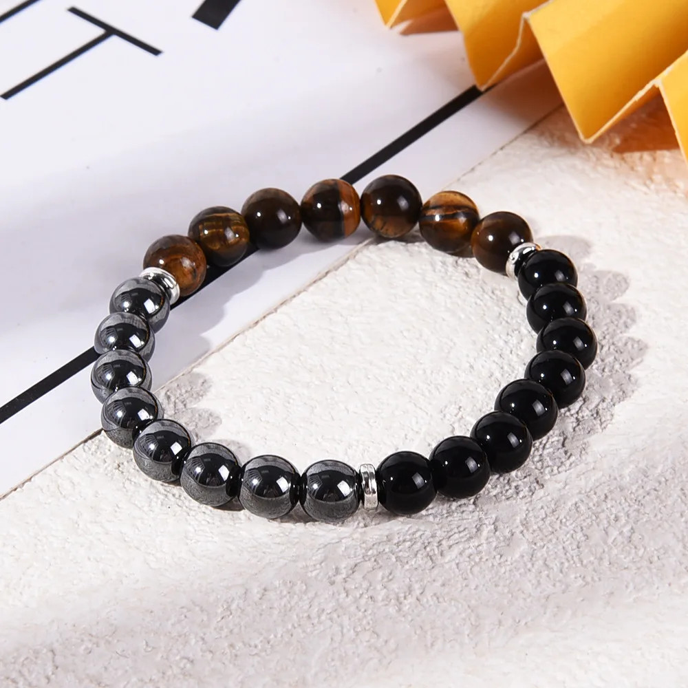 Natural Triple Protection Stretch Bracelet 8mm Tiger Eye Black Obsidian Hematite