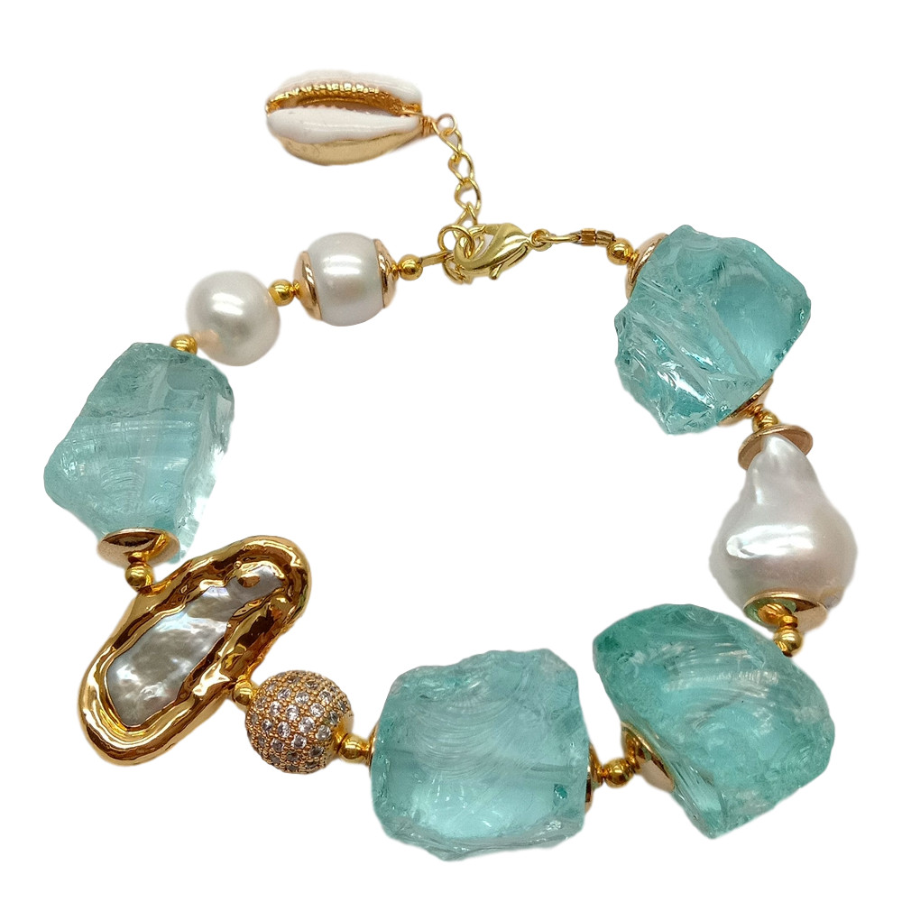 8″ Cultured White Keshi Pearl Biwa Pearl Blue Glass Rough Bracelet