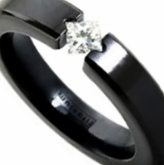 Black Plated TITANIUM TENSION RING with 4mm Square CZ in Special Setting, size 8