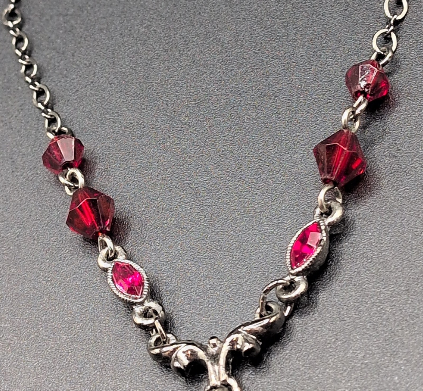 Necklace 1928 Gunmetal Silver Tone Y-Drop Red Beads Aurora Borealis Rhinestones