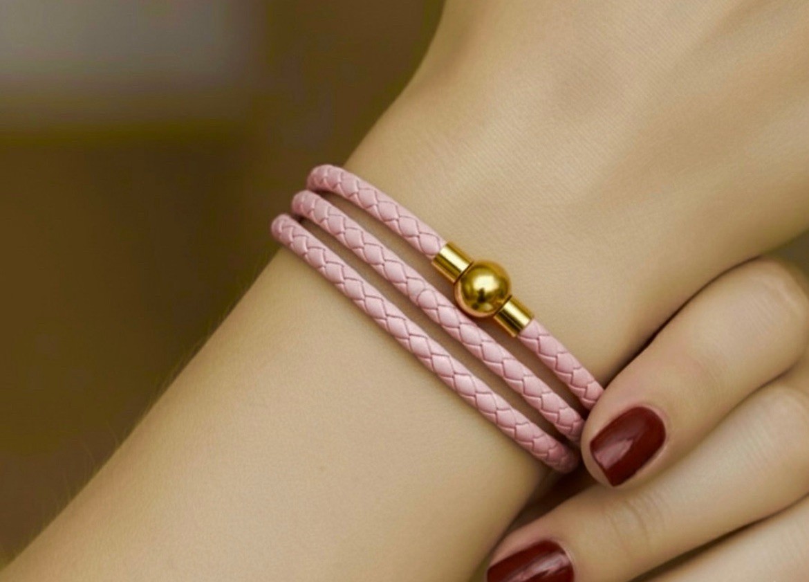 Linx triple wrap, pink leather bolo, cord bracelet with gold magnetic clasp