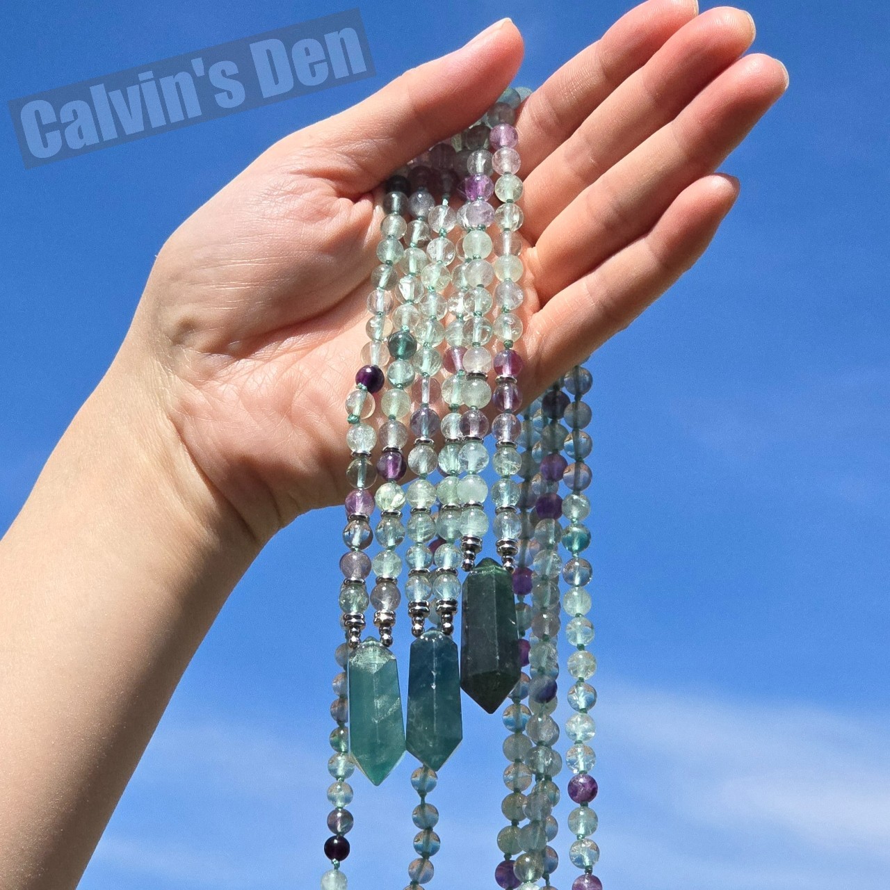 Fluorite Bead Necklace + Fluorite Crystal Point Pendant Natural Gemstone Healing