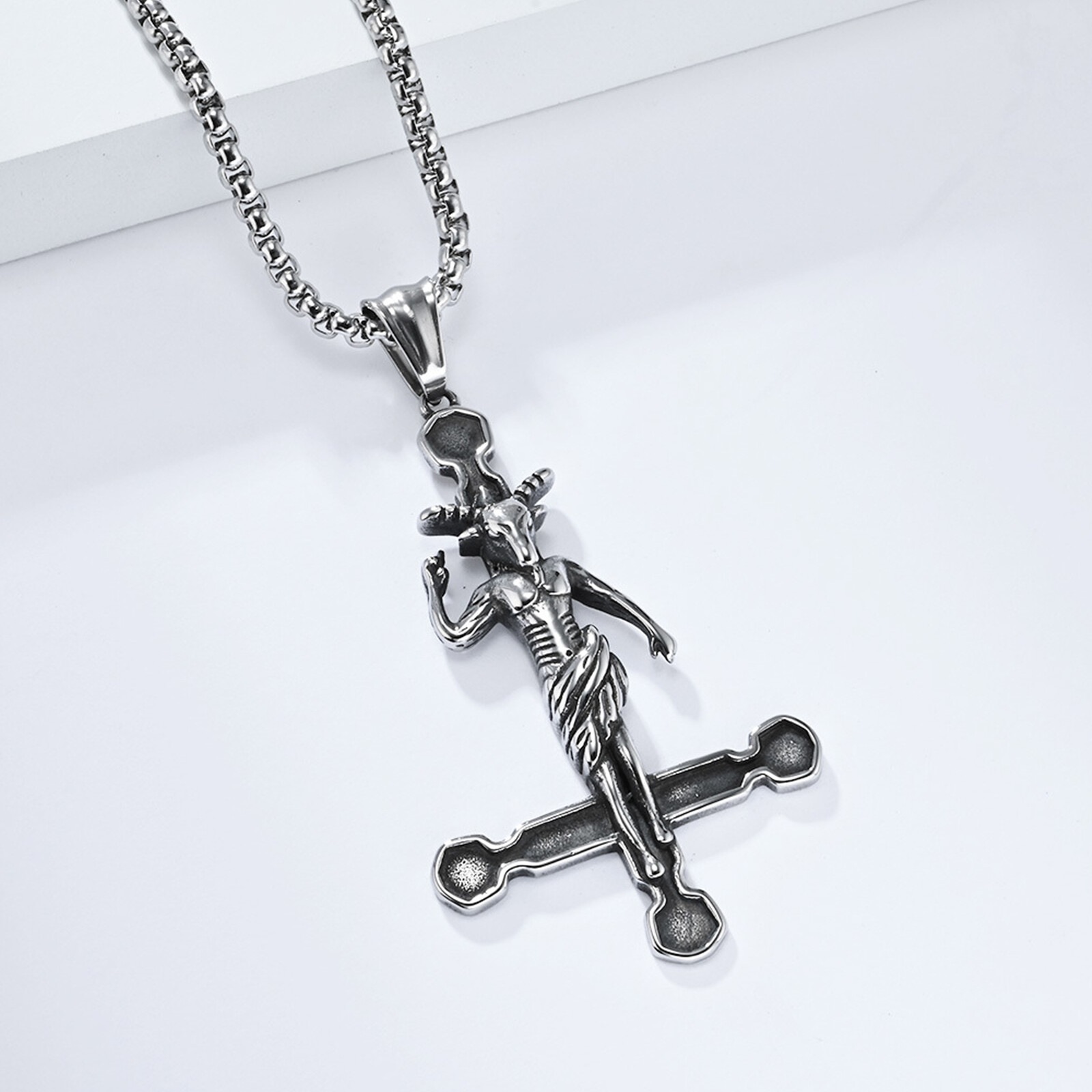 Men’s Sigil of Baphomet Inverted Upside Down Cross Necklace Satan Goat Devil