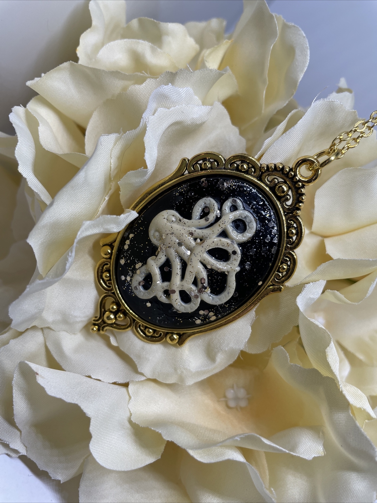 Octopus Ivory Black Cameo Gold Necklace Ocean Nautical Beach Kraken Nautical