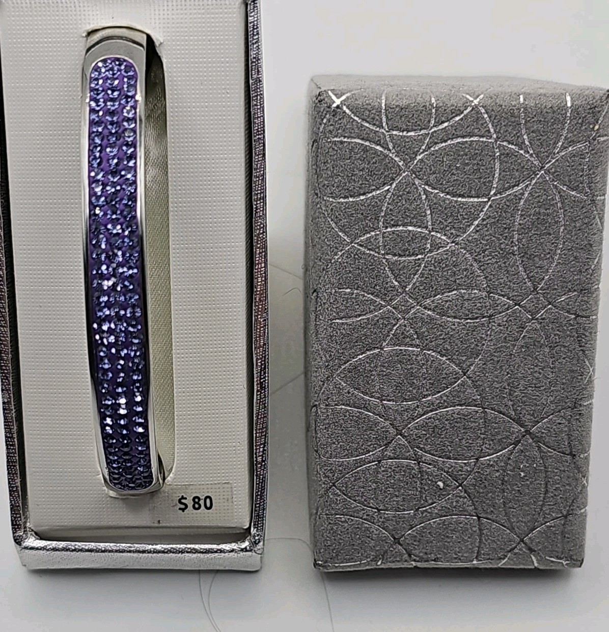 JCM Stainless Steel & Purple Glass Hinged Bangle Bracelet w/Firm Clasp Closure