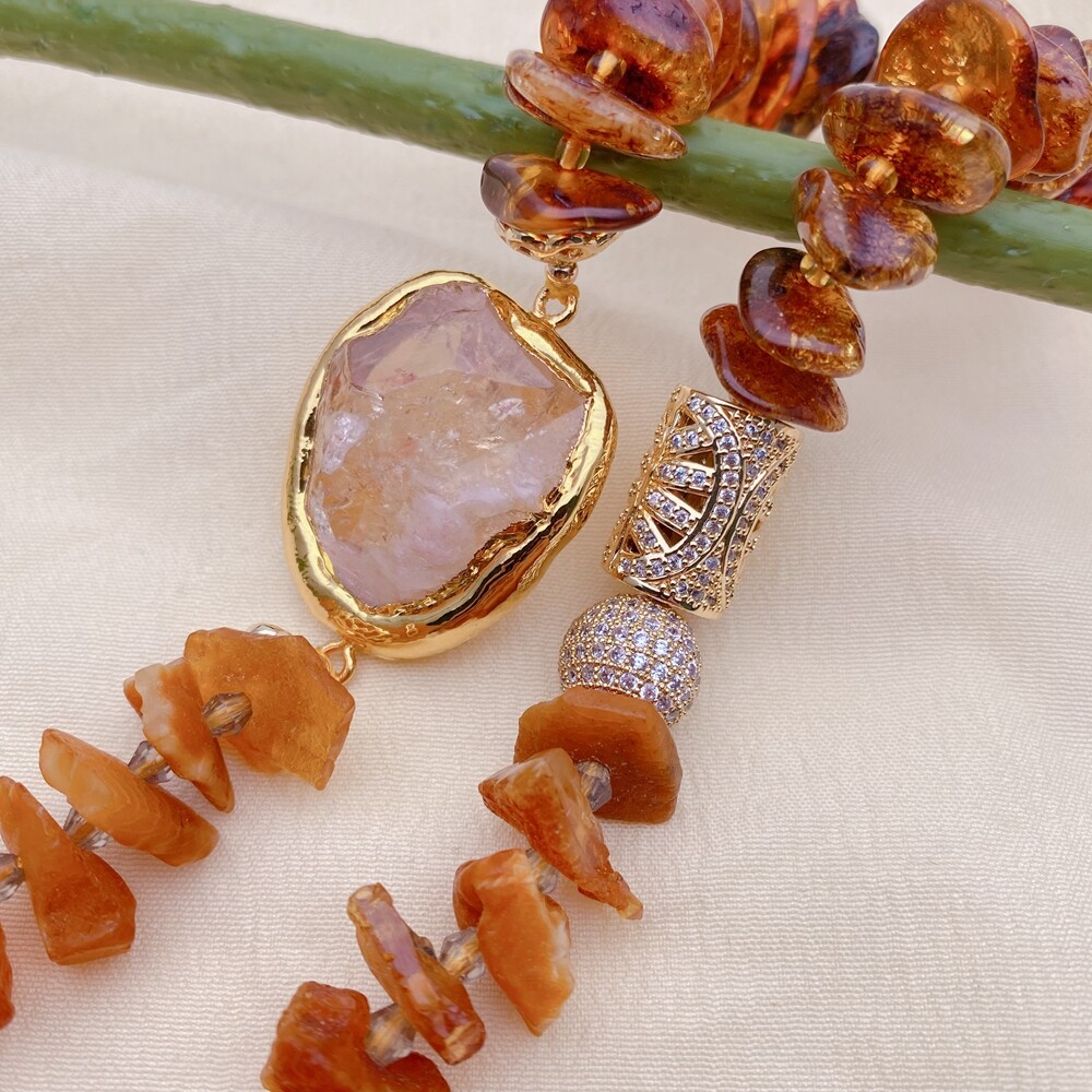 Natural Golden Amber Rough Yellow Citrine Raw Necklace Cz