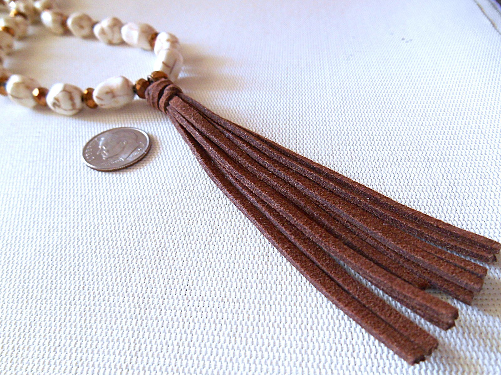 Bronzetone & Brown / Beige Beaded Tassel Necklace