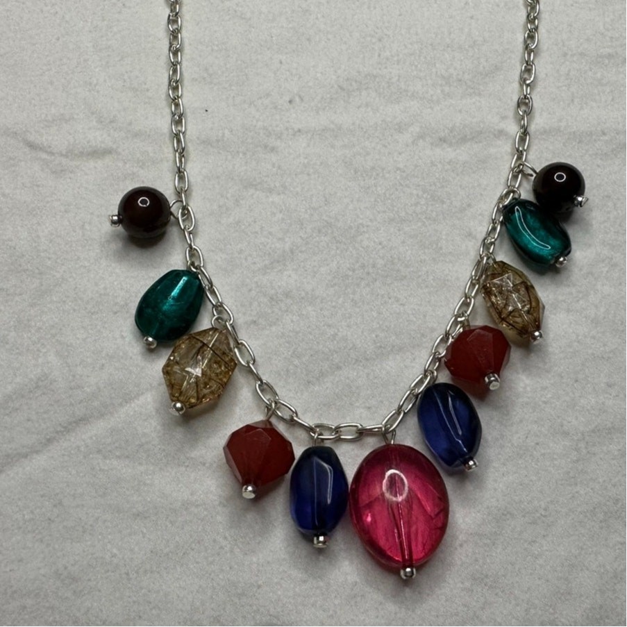 Vintage Silver Tone Chunky Colorful Beaded Necklace Statement Fashion Jewelry