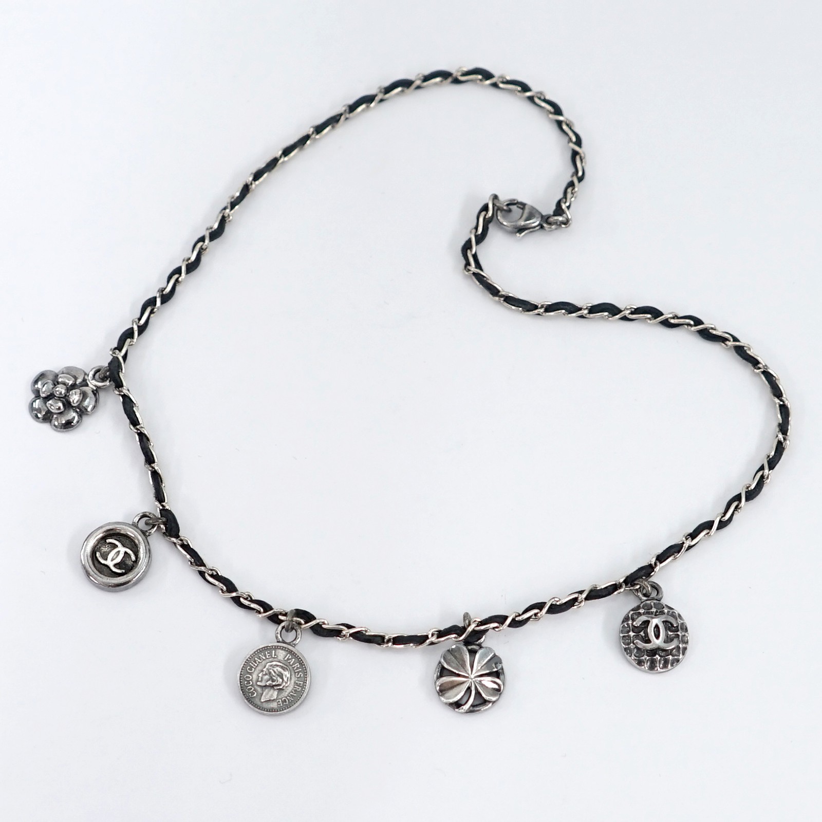 CHANEL Multi Charm Leather Clover Camellia Coin Necklace 16″ Gray Tone 96P Auth