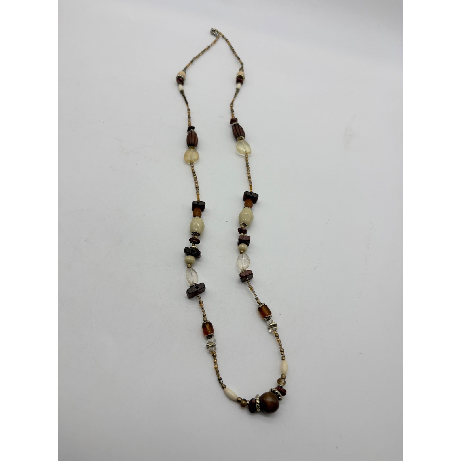 Bohemian Long Beaded Necklace Brown Cream Earthy Tones Mixed Media 36 Inch