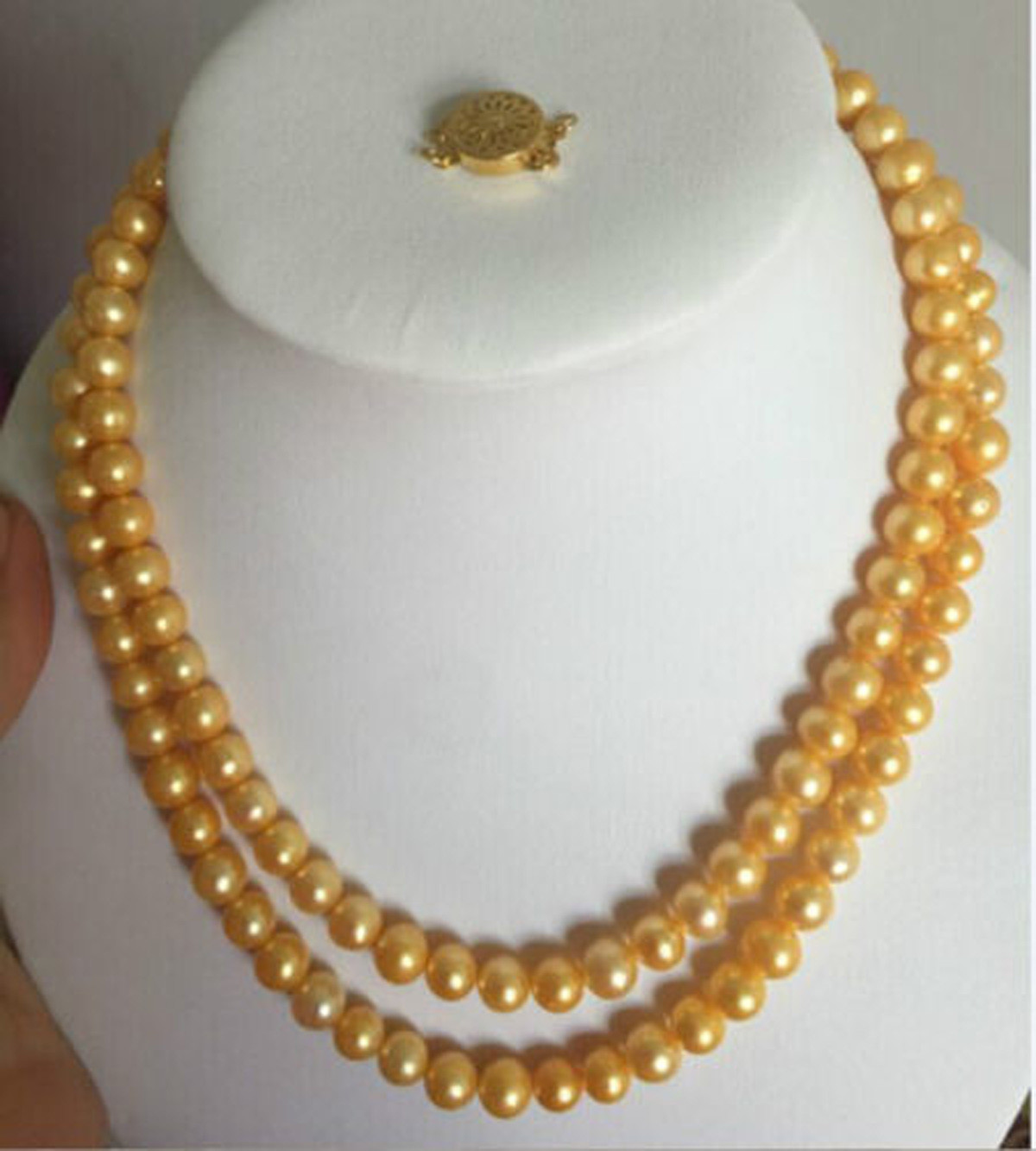 Beautiful 2 strands 7-8mm natural south sea gold pearl necklace 18-19inch 14kGP