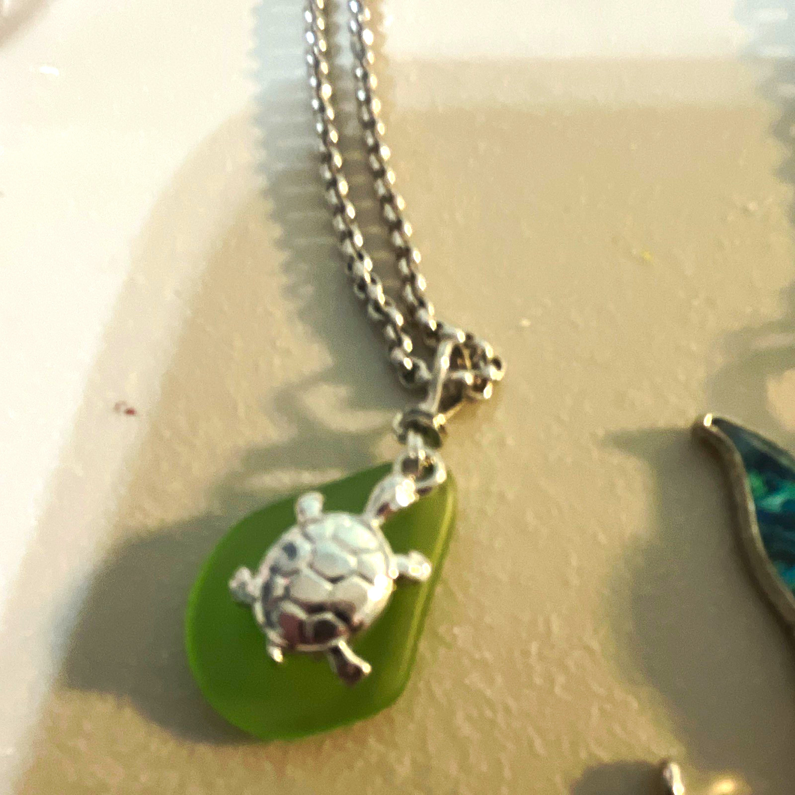 Green Glass Pendant Necklace with Turtle Charm, Silver Tone Ball/Bead Chain