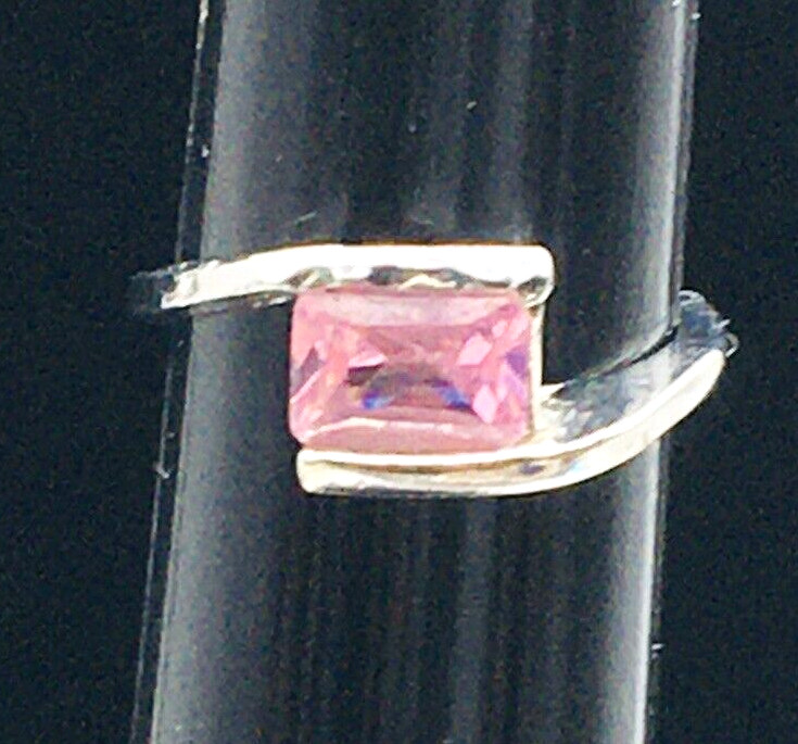 Silver Tone Tension Setting Pink Rhinestone Ring Sz 7