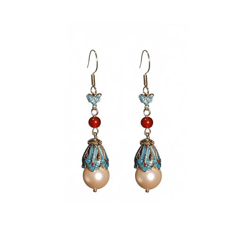 Chinese Style Enamel Red Pearl Dangle Earrings New Chinese Hanfu Jewelry