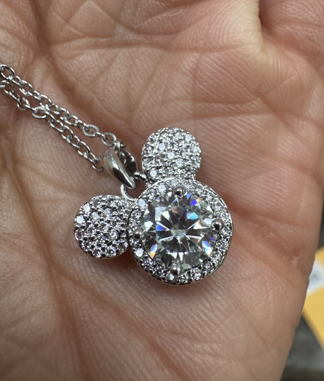 Real Moissanite Mickey Mouse necklace, white gold plated